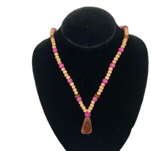 Rainbow Wood Bead Stretch Necklace Charm Pink Tan Brown Necklace 13 inch